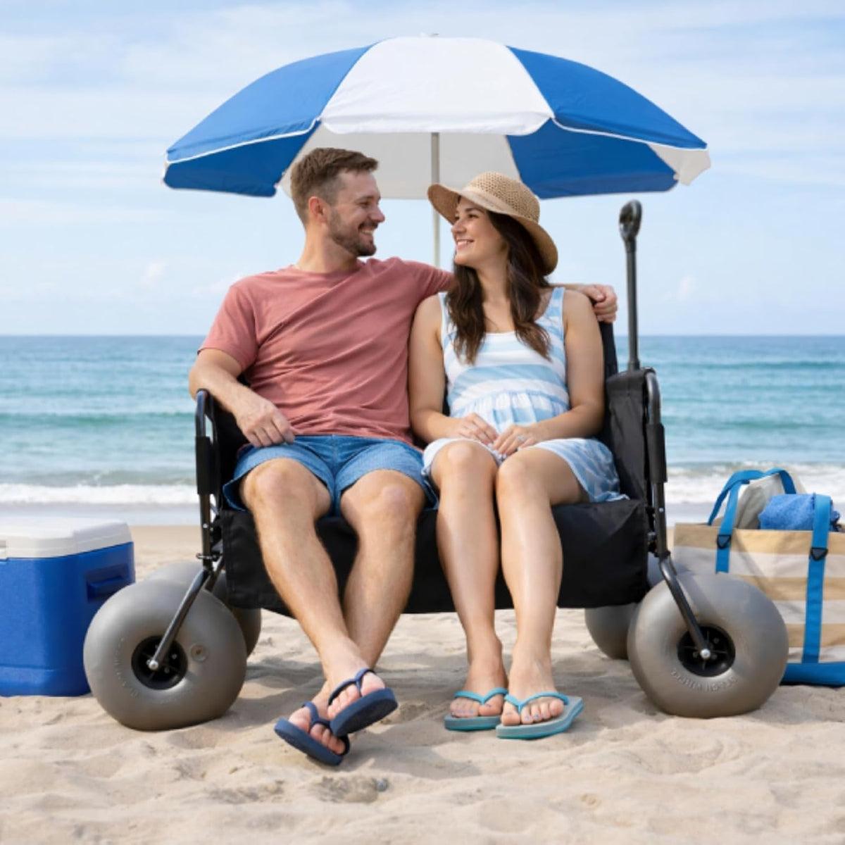 Beach Wagon with 13'' Balloon Wheels, Foldable Cart Converts into a 2-Person Sofa for Adults, Wheel Chair Wagon Bench Love Seat Combo with Big Wheels for Sand