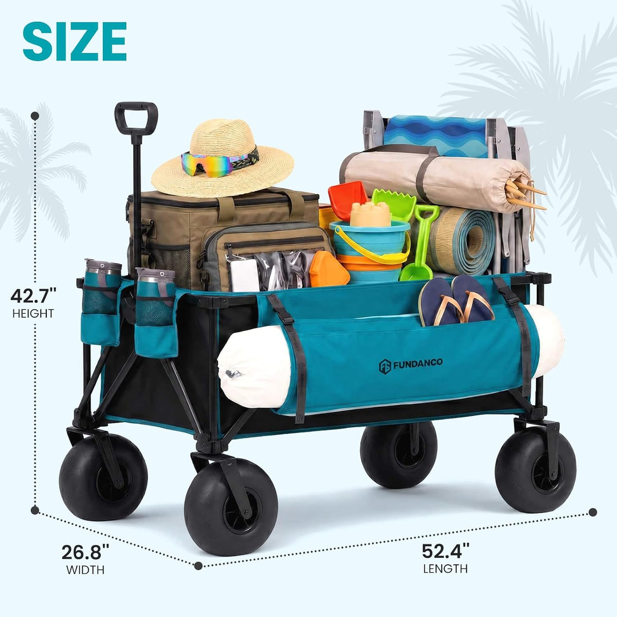 FUNDANGO Heavy Duty Beach Wagon with 9' Big Sand-Proof Wheels, 300L Large Beach Wagons with Balloon Wheel, Folding Collapsible All Terrian Cart with Side Pockets for Sports, Camping, Pump Included