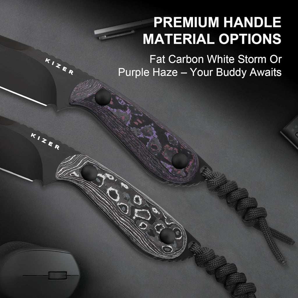 Kizer Buddy Fixed Blade Knife, 3' 4V Blade Camping Knife with Purple Fat Carbon Purple Haze Handle, Compact EDC Fixed Blade Knives with Sheath for Hiking Hunting Survival 1081A10