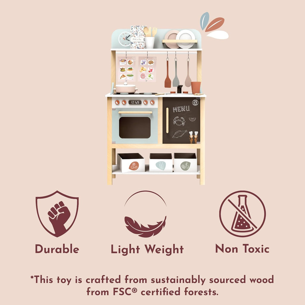 SPEEDY MONKEY Wooden Play Kitchen Set for Pretend Play | 20-Piece Kids Cooking Set with Wooden Food & Cookware Accessories | Supports Imaginative Play & Social Skill Development for Kids Ages 3+