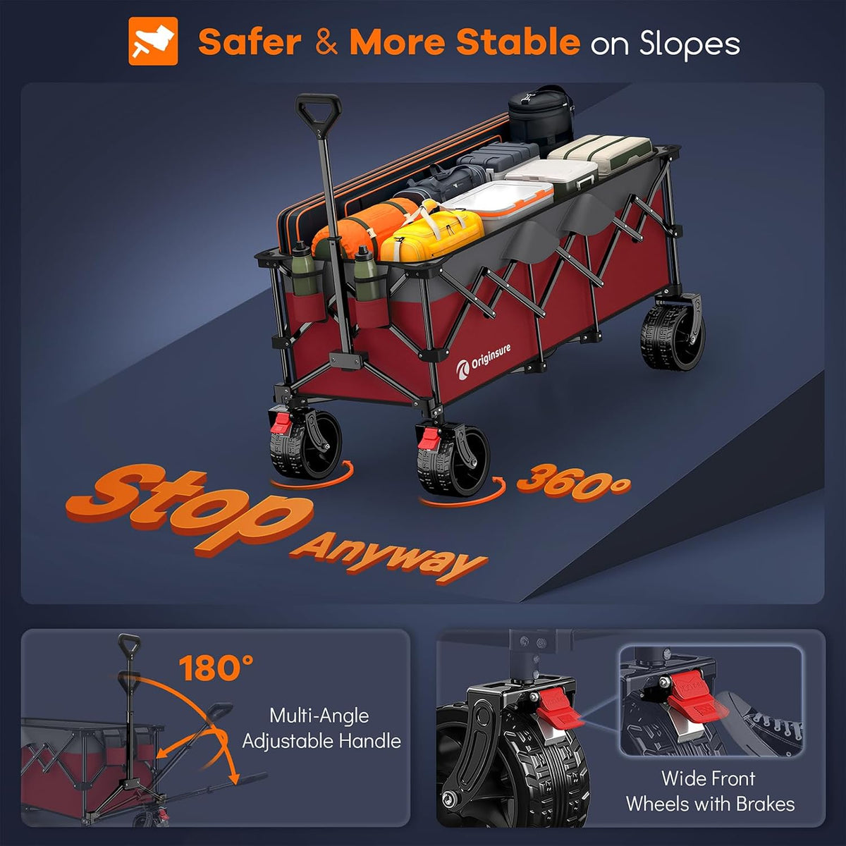 48' L Folding Beach Wagon Cart Foldable, 560lbs Weight Capacity 300L Heavy Duty Collapsible Wagons with Big All-Terrain Wheels, Utility Carts for Groceries, Shopping, Camping, Sports - Grey&Red