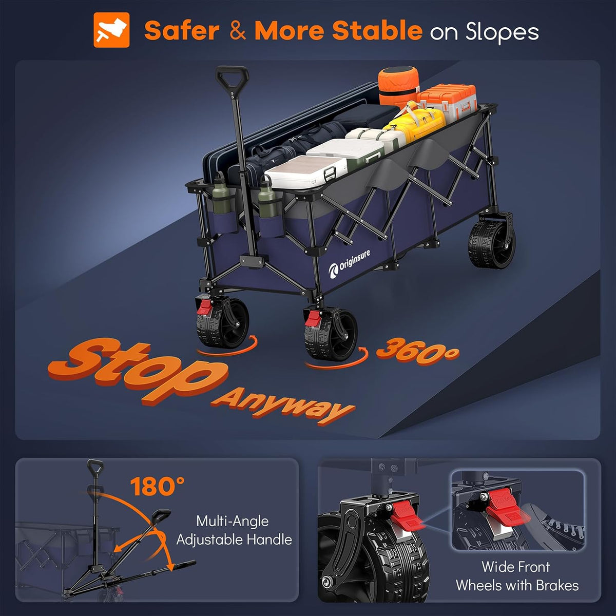 Originsure 48' L Collapsible Wagon Cart Foldable, 560lbs Weight Capacity 300L Heavy Duty Folding Beach Wagons with Big All-Terrain Wheels, Utility Carts for Groceries, Camping, Sports - Grey&Purple