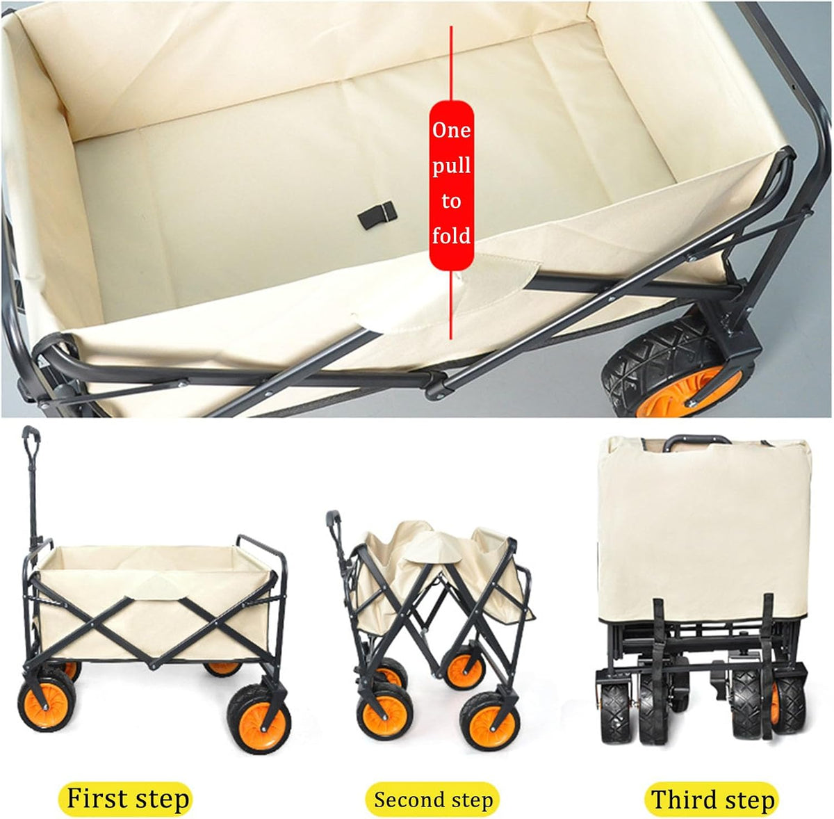 Beige Garden Carts,Collapsible Wagon,Sports Outdoor Utility Wagon Folding Garden Wagon Sports Steel Frame Foldable Yard Car with Side Pockets Off-Road with Brakes Camping Cart