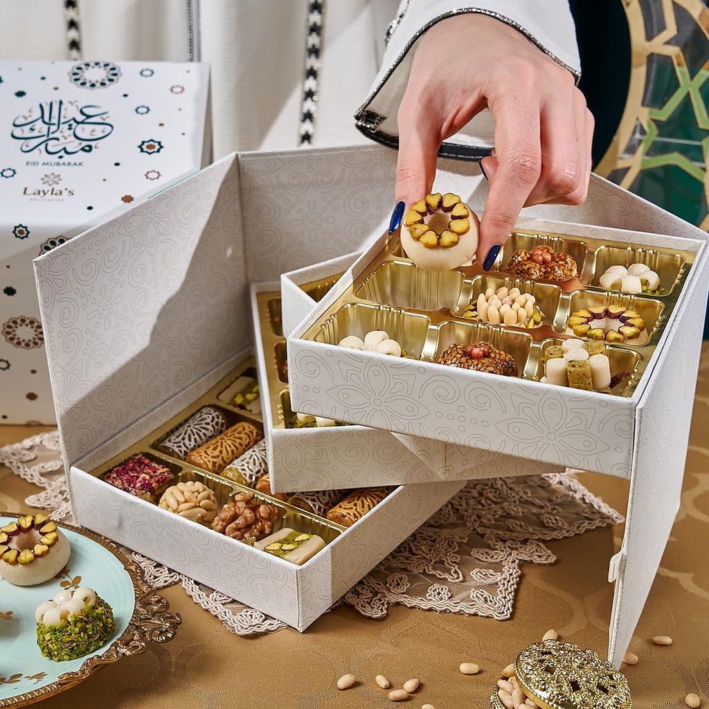 Layla's Delicacies Mediterranean Treats Gift Box for Eid Mubarak - Handmade Healthy Mixed Nutty Flavors Pastries - Halal, Vegetarian, Gluten Free - 46 Bite-Size Treats