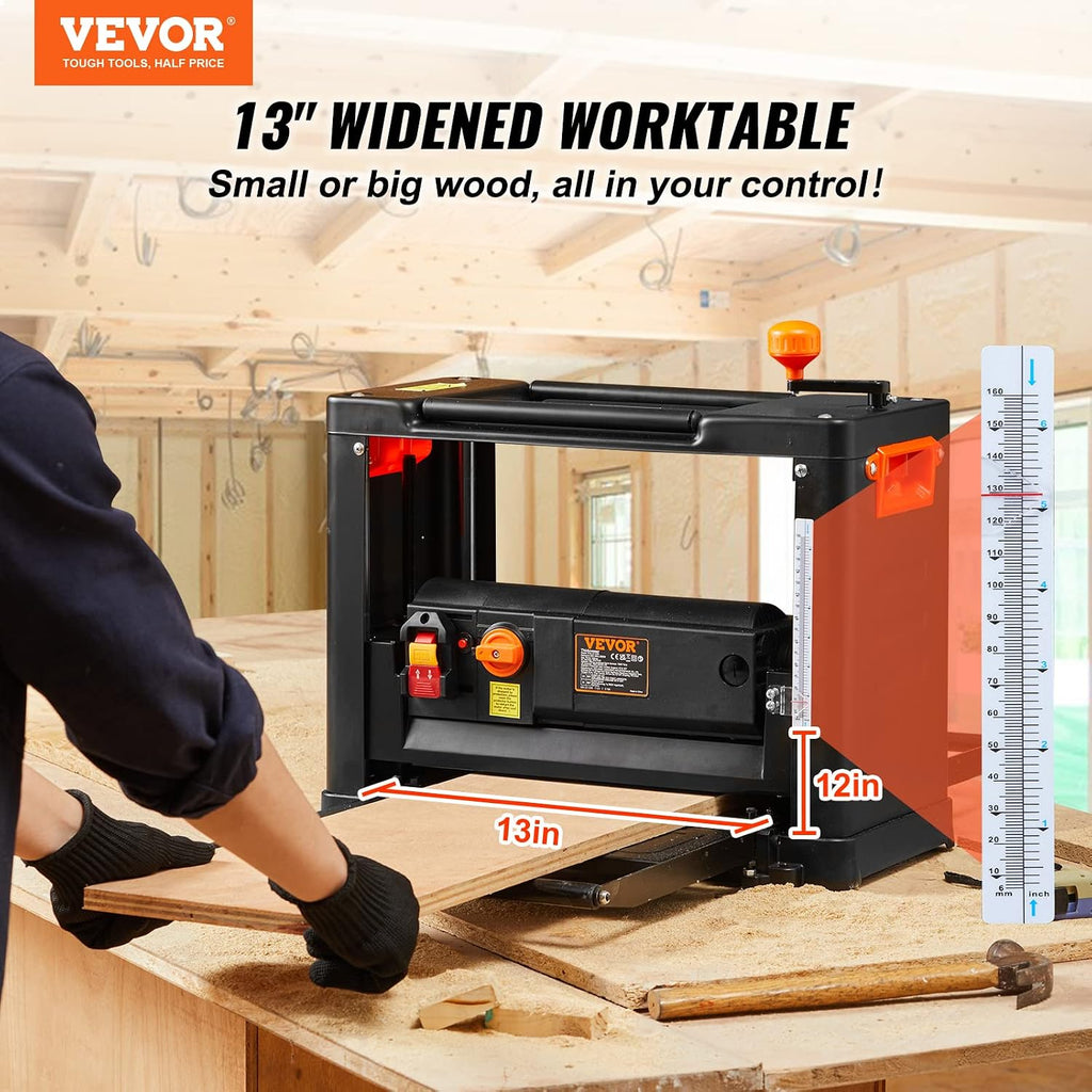VEVOR Power Benchtop Planers, Three-Blade, Two Speed, 13' Width Worktable Thickness Planer with Extended Infeeding Table, Low Noise for both hard & soft wood material removal