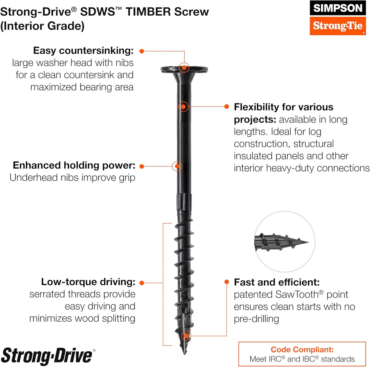Simpson Strong-Tie SDWS19712 Strong-Drive SDWS Timber Screws (Interior Grade), 0.195 Inch x 7-1/2 Inch, E-Coating, Low Profile Head, Sawtooth Point, Black (Pack of 250)