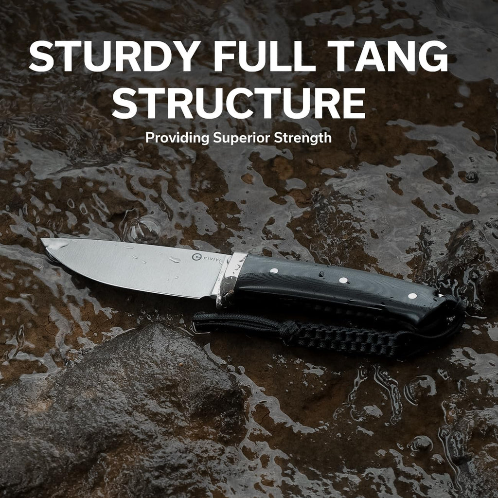 CIVIVI EDC Fixed Blade Knife with Leather Sheath, 4.6' Nitro-V Blade G10 Handle, Full Tang Cloud Peak Knife with Lanyard and Nickel Silver Guard C23044-1 (Black)