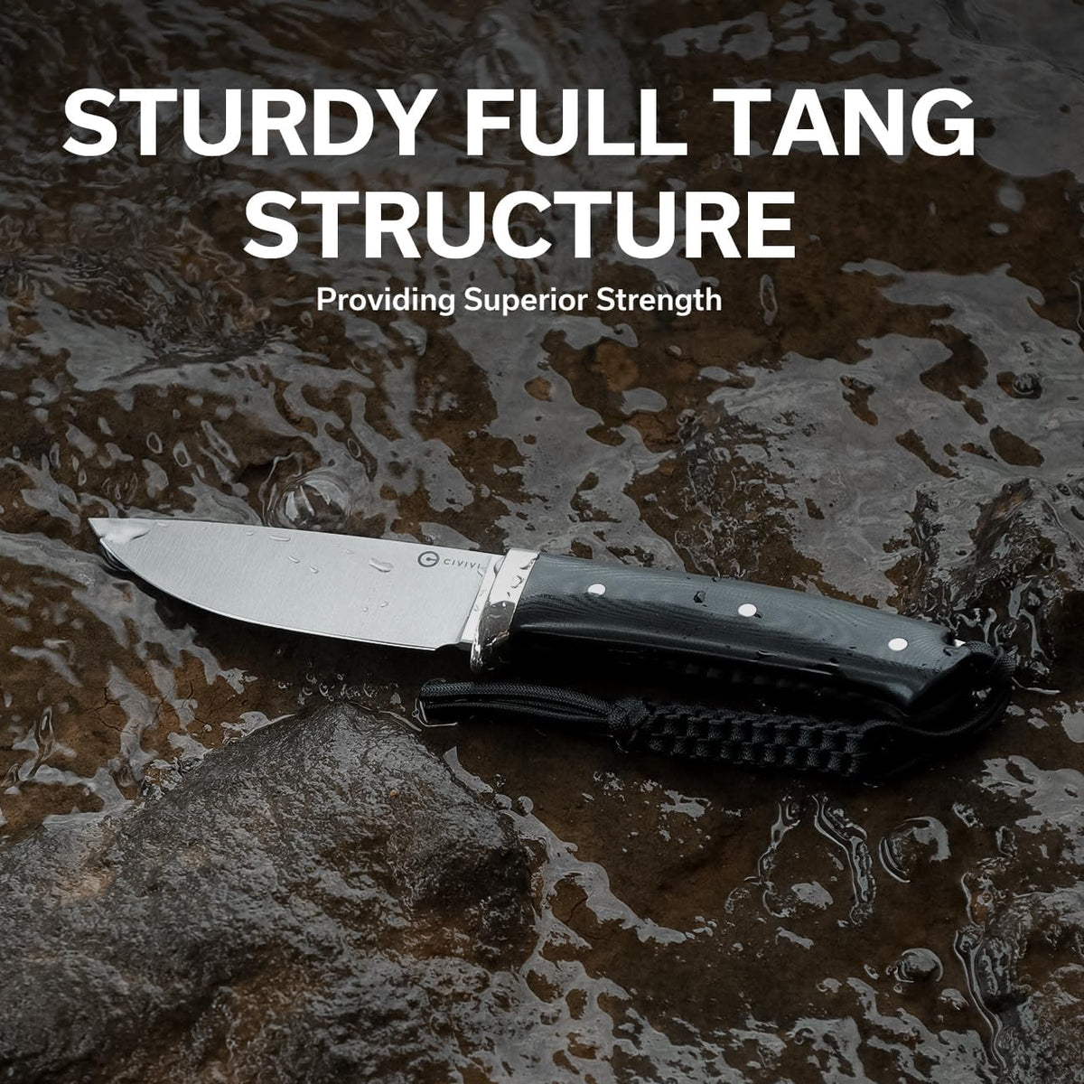 CIVIVI EDC Fixed Blade Knife with Leather Sheath, 4.6' Nitro-V Blade G10 Handle, Full Tang Cloud Peak Knife with Lanyard and Nickel Silver Guard C23044-1 (Black)