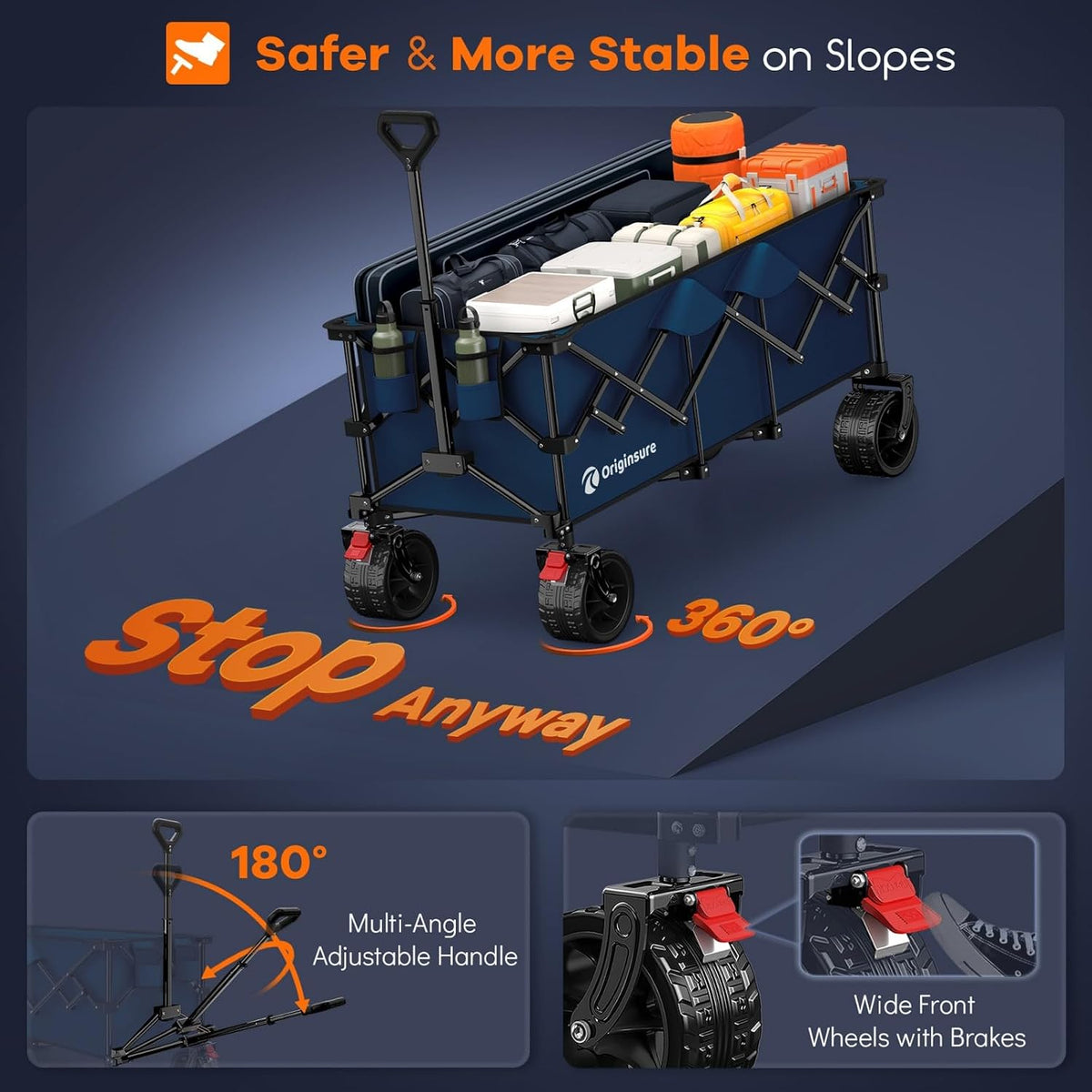 Originsure 48' L Collapsible Wagon Cart Foldable, 560lbs Weight Capacity 300L Heavy Duty Folding Beach Wagons with Big All-Terrain Wheels, Utility Carts for Groceries, Camping, Sports - Blue