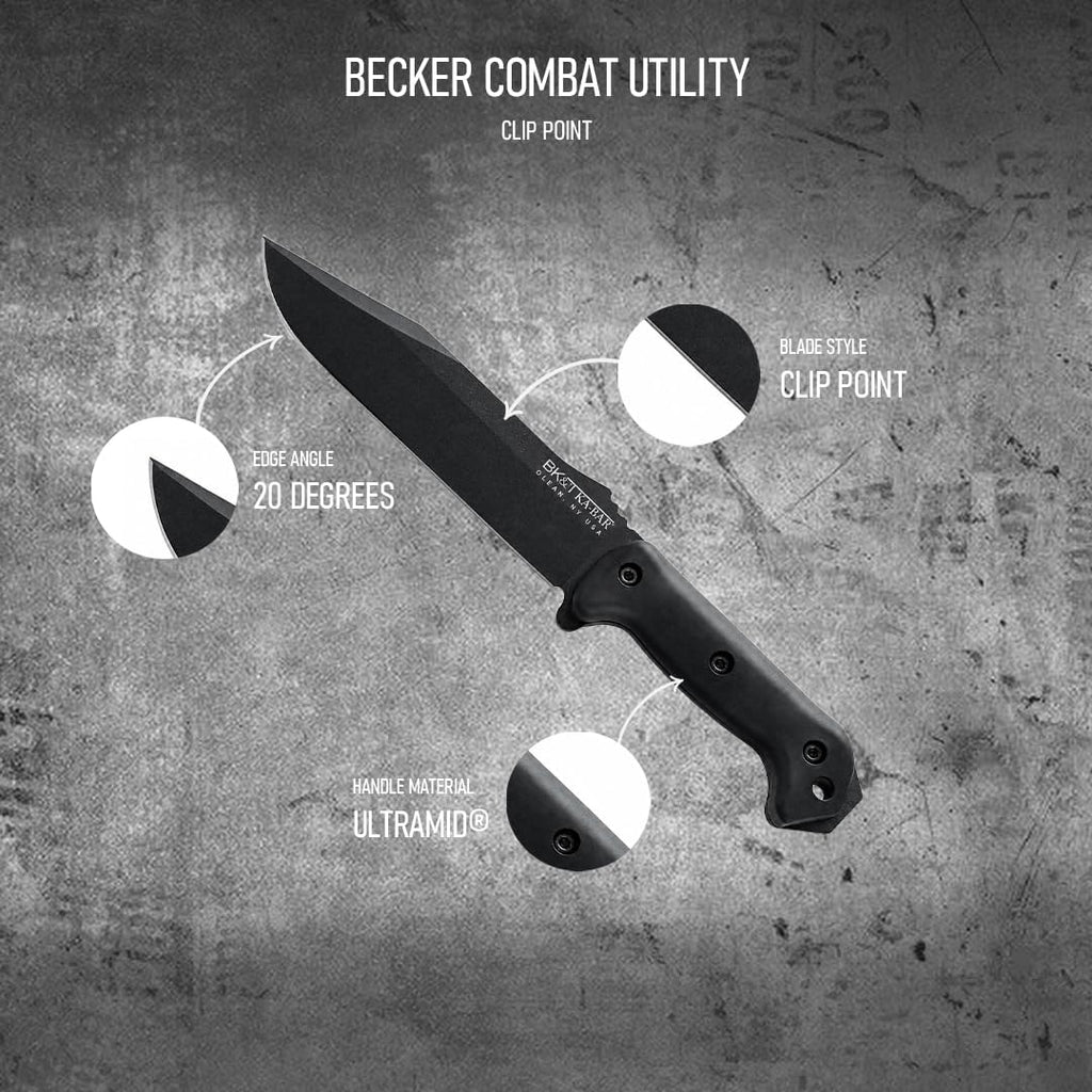 KA-BAR BK7 Becker Combat Utility Fixed Blade Knife 7' Clip Point 1095 Cro-Van Black Powder Coat Blade Zytel Handle Black