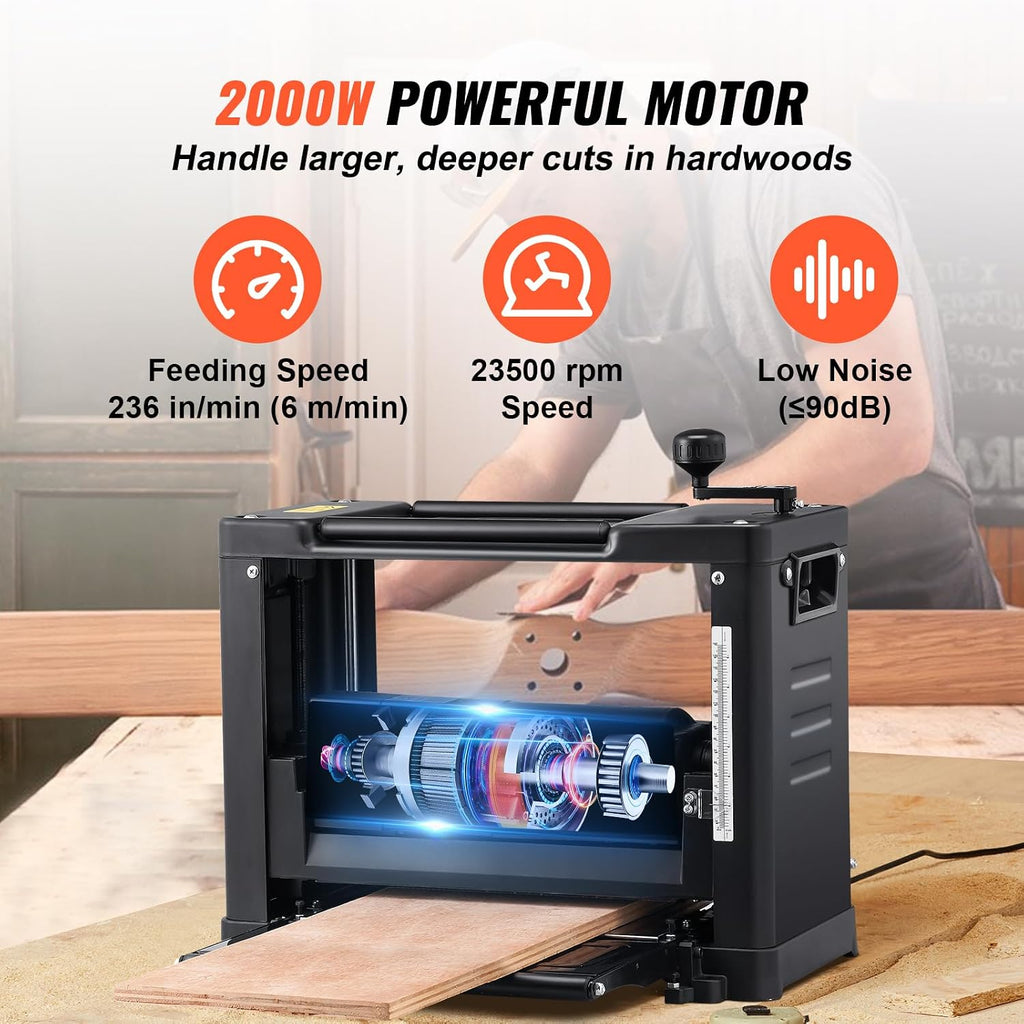 VEVOR Thickness Planer, Two-Blade, 13' Width Worktable Benchtop Planer, 15-Amp 2000W Powerful Motor, 12' Extended Infeeding Table, Low Noise for both hard & soft wood material removal