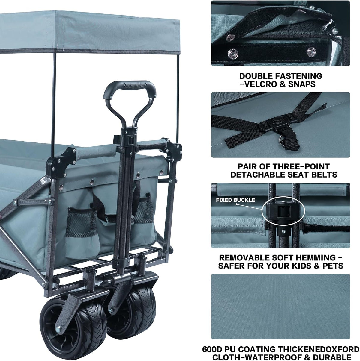 Collapsible Wagon Heavy Duty Folding Wagon Cart with Removable Canopy, 4' Wide Large All Terrain Wheels, Brake, Adjustable Handles,Cooler Bag Utility Carts for Outdoor Garden Wagons Carts Beach Cart