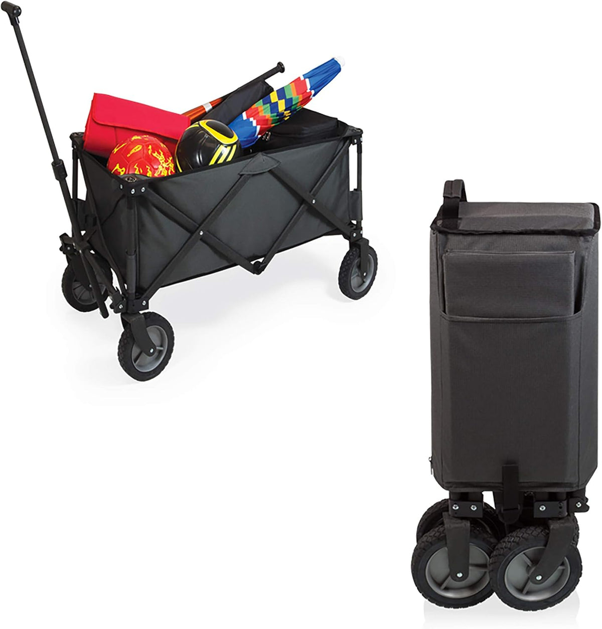 PICNIC TIME Adventure Collapsible Folding Wagon, Outdoor Collapsible Wagon, Portable Cart with Wheels, All-Terrain Trolly Cart with Storage Cover and Handle, Supports 225 lbs Weight, (Dark Gray)
