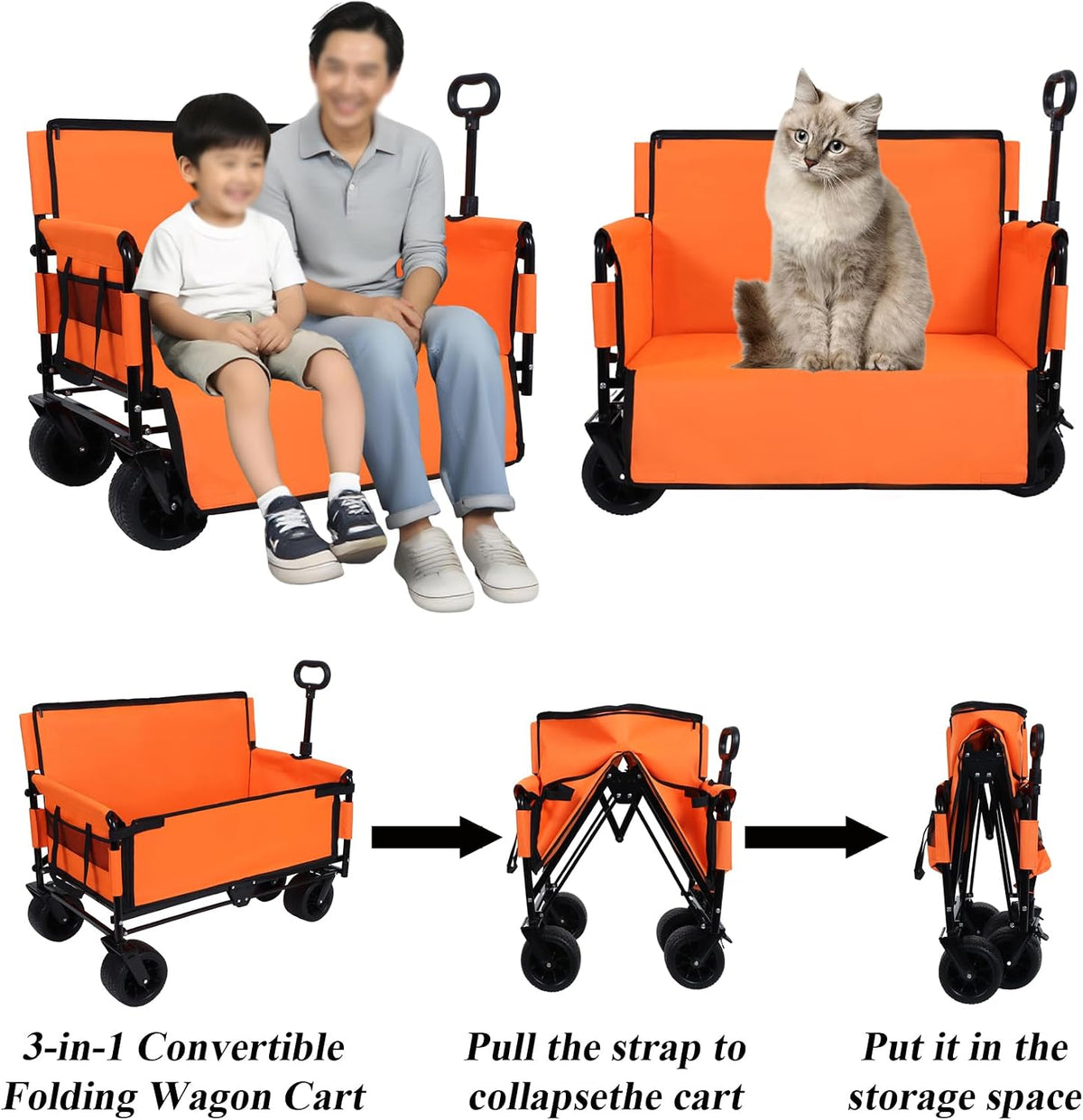 3-in-1 Convertible Folding Wagon Cart with Bench Seat & Storage - 500lbs Heavy-Duty Utility Wagon, 180L Capacity All-Terrain Wheels for Camping, Beach, Sports, Garden (Orange)