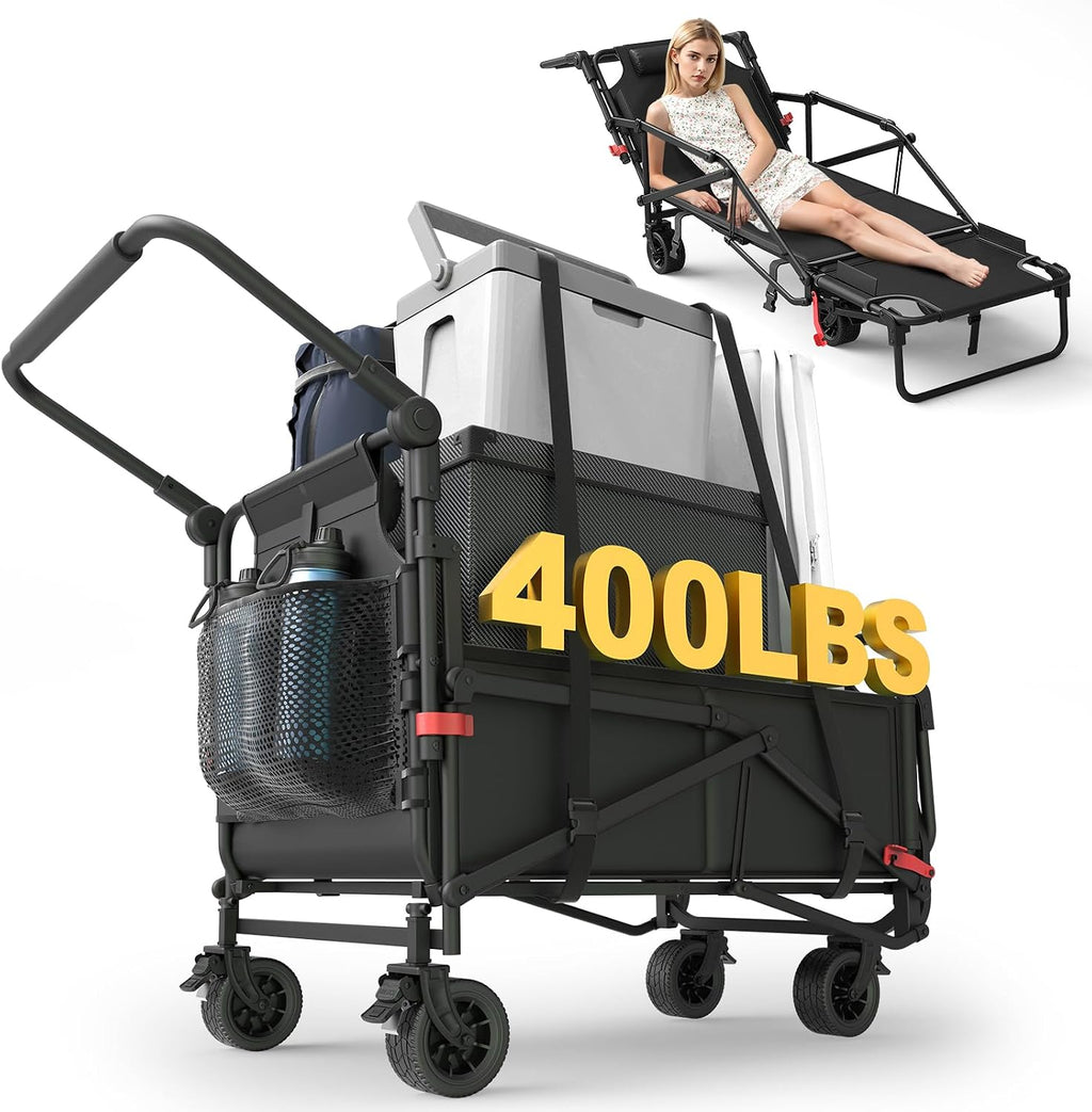LEVELEVE Heavy Duty Folding Wagon - 2-in-1 Collapsible Cart, 400lb Capacity, All-Terrain Wheels w/Brakes & Side Pockets (Black)