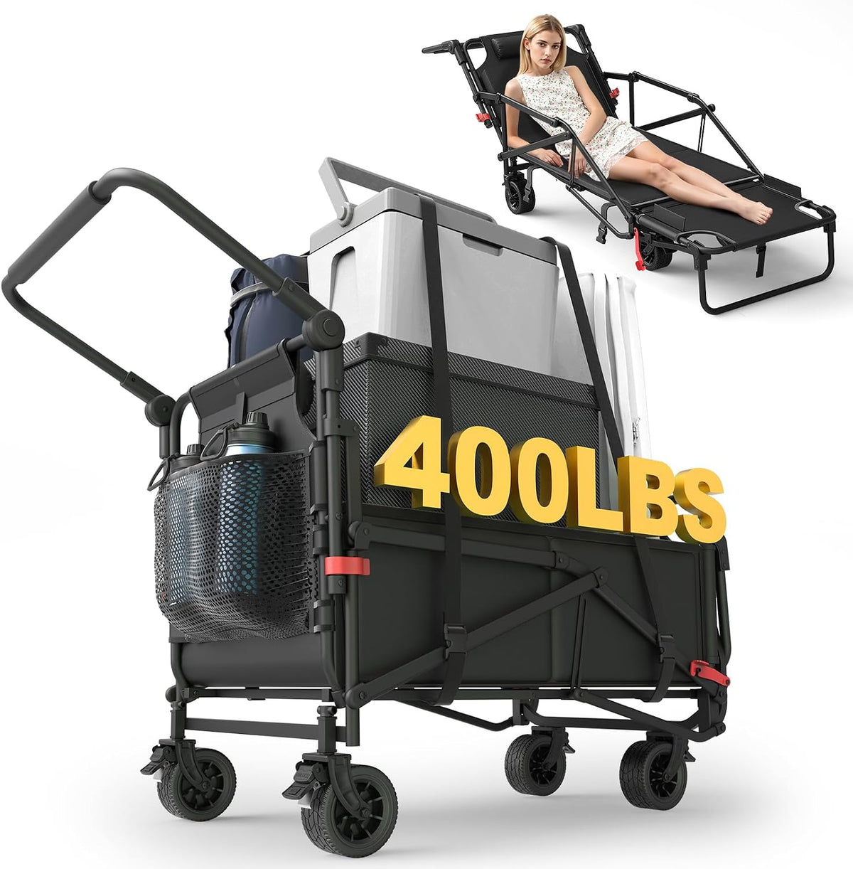 LEVELEVE Heavy Duty Folding Wagon - 2-in-1 Collapsible Cart, 400lb Capacity, All-Terrain Wheels w/Brakes & Side Pockets (Black)