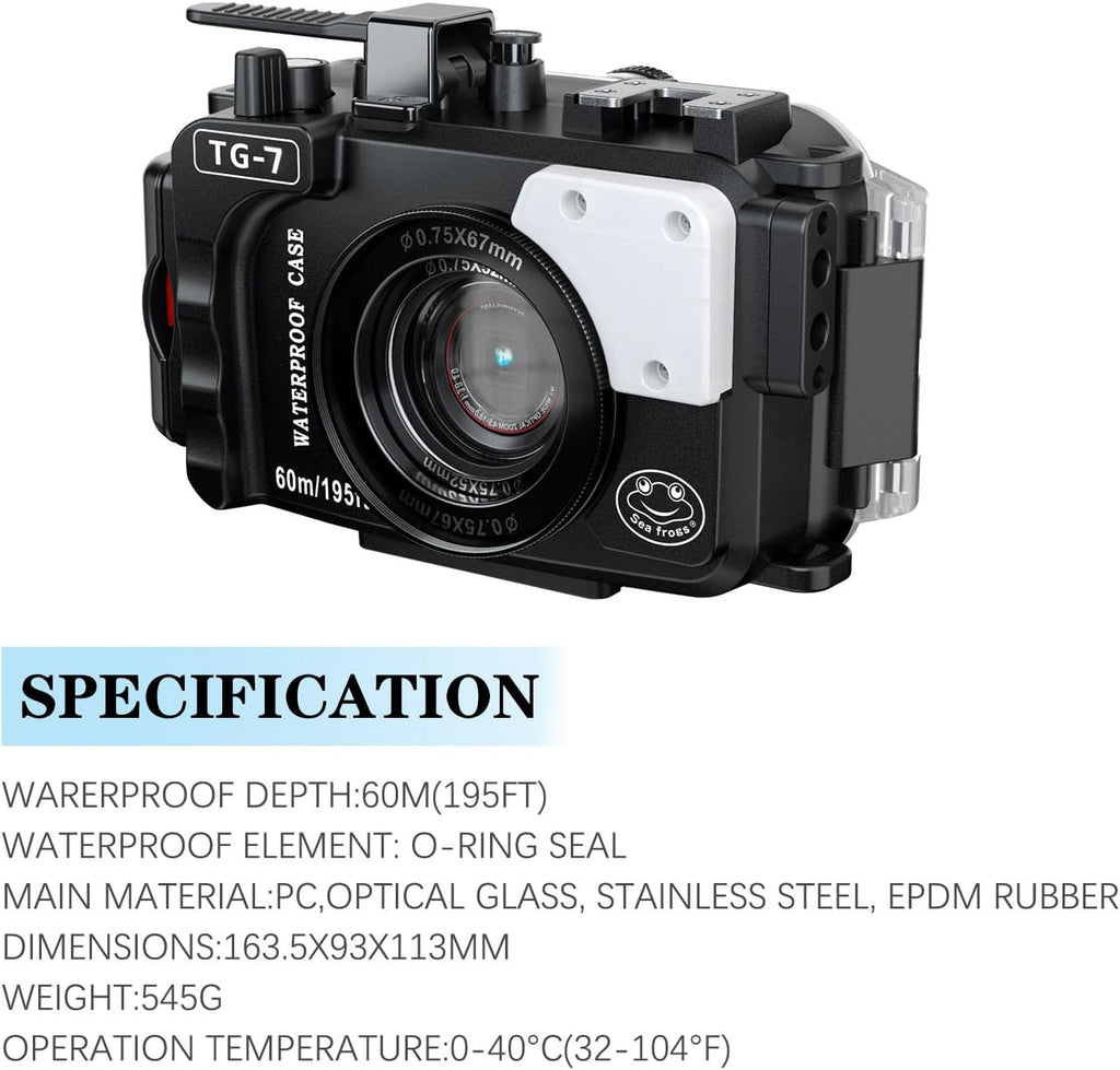 TG-7 Underwater Camera Housing Case, 60m/195ft Waterproof, PC Material with O-Ring Seal, Compatible with Olympus OM System Tough TG-7 (Black)