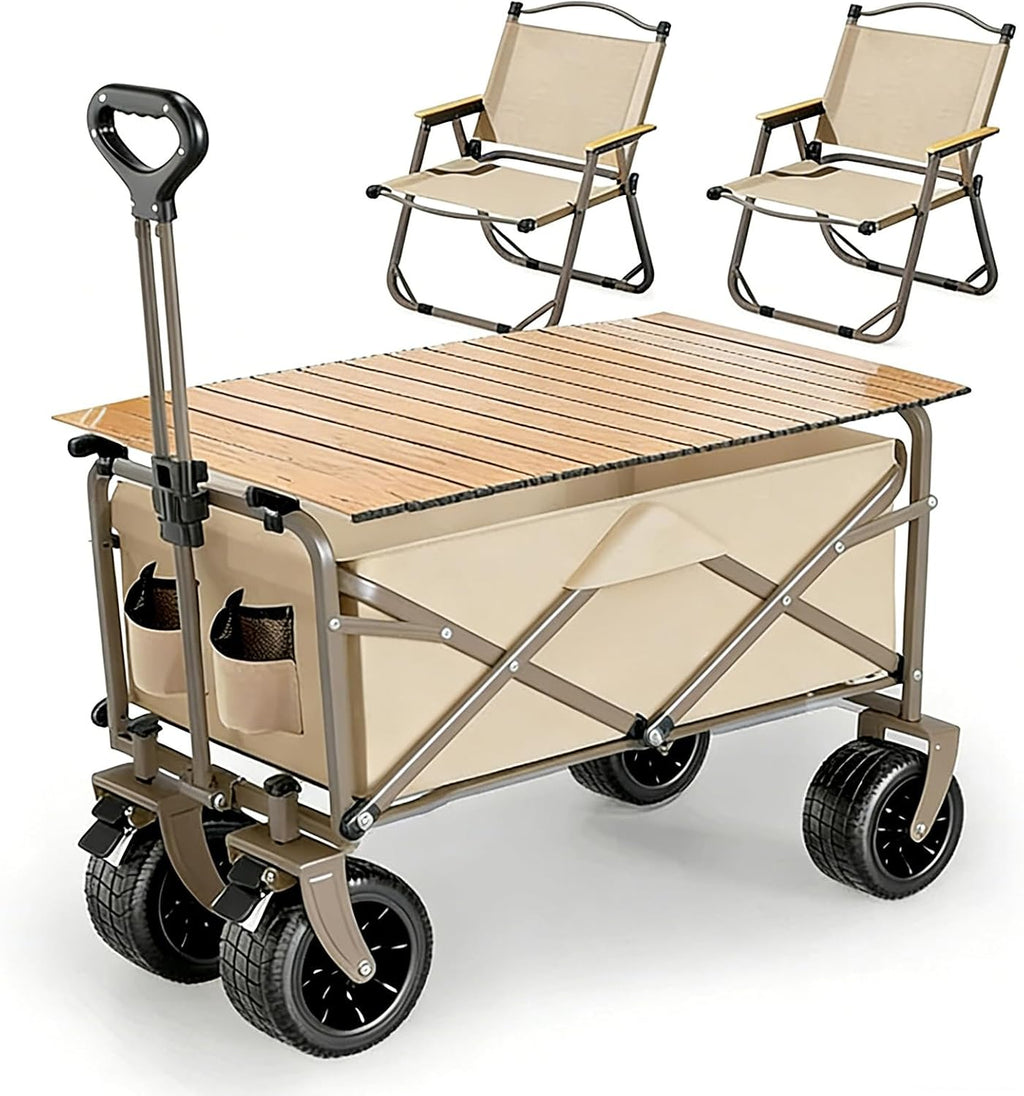 Collapsible Folding Camping Wagon with Table & 2 Folding Chairs, 400L Large Capacity Heavy Duty Utility Beach Cart with All-Terrain Wheels, for Outdoor, Garden, Grocery, Beach, Camping (Khaki)
