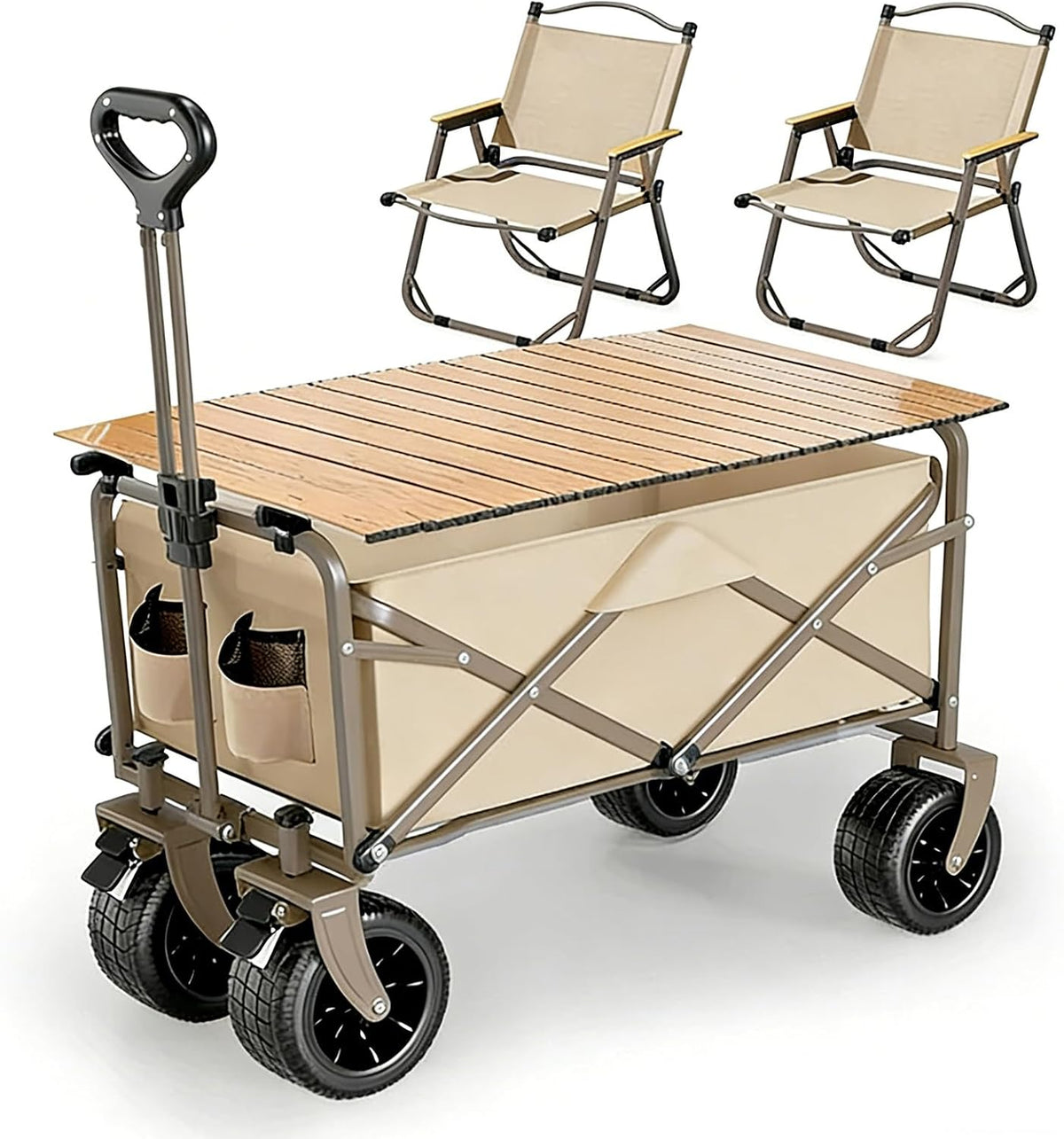 Collapsible Folding Camping Wagon with Table & 2 Folding Chairs, 400L Large Capacity Heavy Duty Utility Beach Cart with All-Terrain Wheels, for Outdoor, Garden, Grocery, Beach, Camping (Khaki)