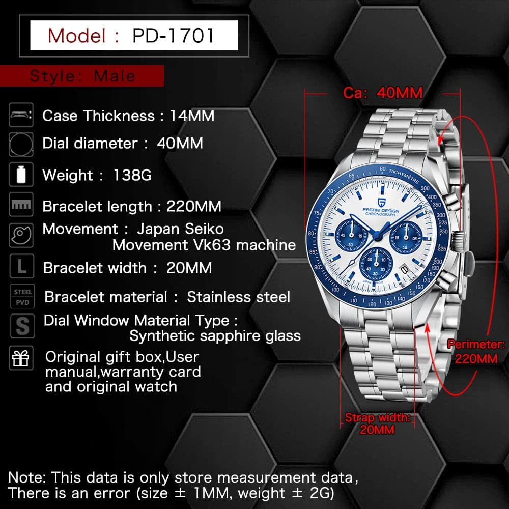 Pagani Design 1701 V3 Men's Chronograph Quartz Dial 40mm VK63 Movement Stainless Steel Mirror Sapphire Watch 100 Meter Water Resistant Sport Watch