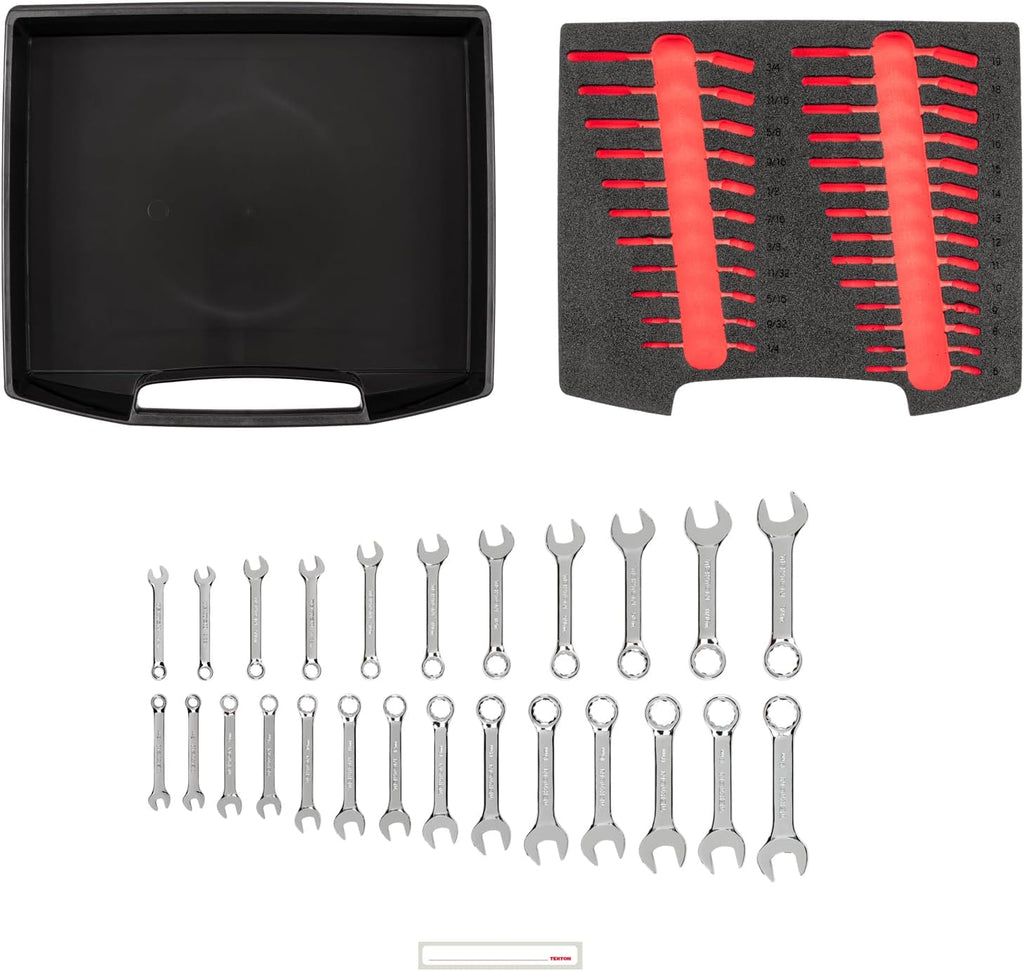 TEKTON Stubby Combination Wrench Set with Open Top Drawer and Rack, 25-Piece (1/4-3/4 in., 6-19 mm) | OLB94205