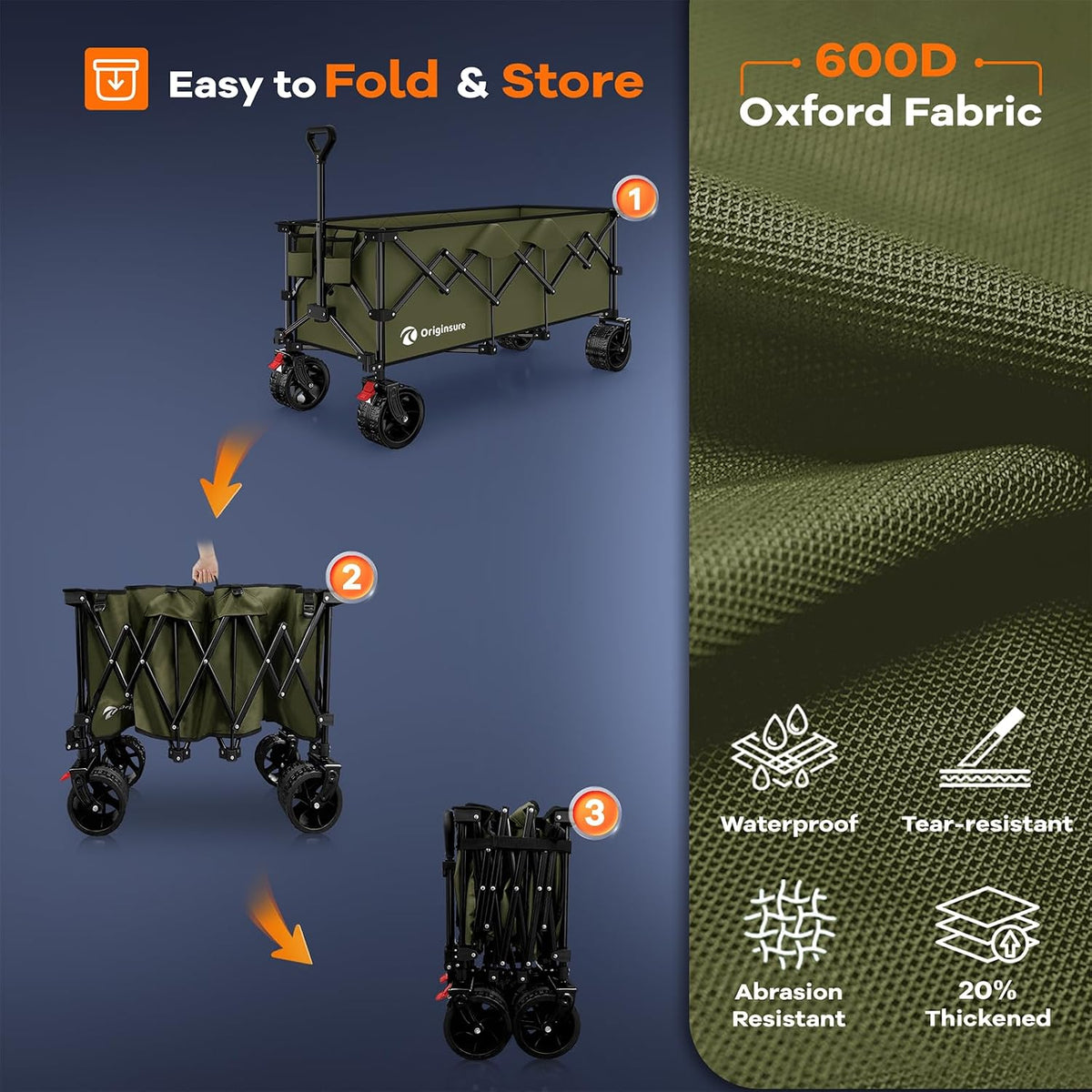 48' L Folding Beach Wagon Cart Foldable, 560lbs Weight Capacity 300L Heavy Duty Collapsible Wagons with Big All-Terrain Wheels, Utility Carts for Groceries, Shopping, Camping, Sports - Green