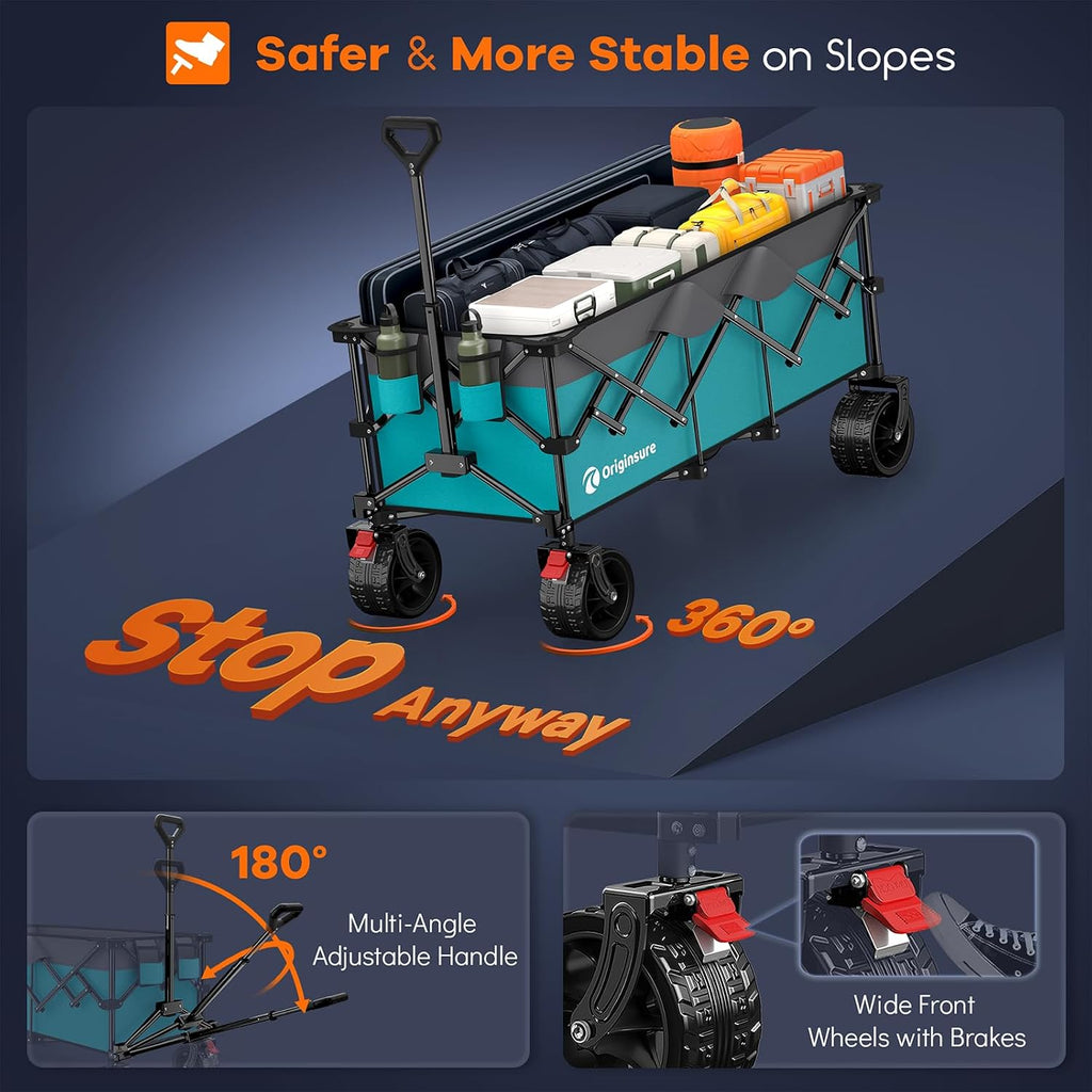 Originsure 48' L Collapsible Wagon Cart Foldable, 560lbs Weight Capacity 300L Heavy Duty Folding Beach Wagons with Big All-Terrain Wheels, Utility Carts for Groceries, Camping, Sports - Grey&Turquoise