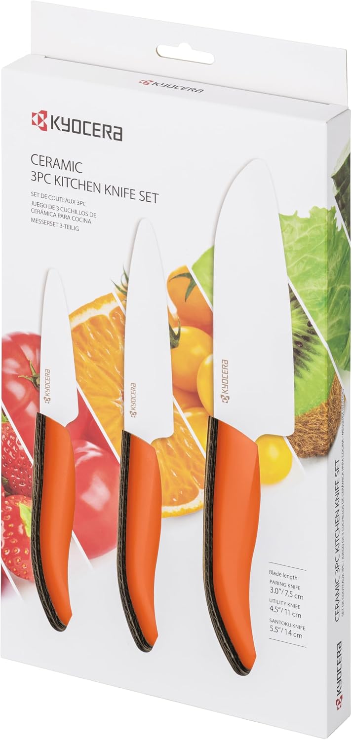Kyocera FK-3PC-WHOR 3Piece Advanced ceramic Revolution Series Knife Set, Blade Sizes: 5.5', 4.5', 3', Orange