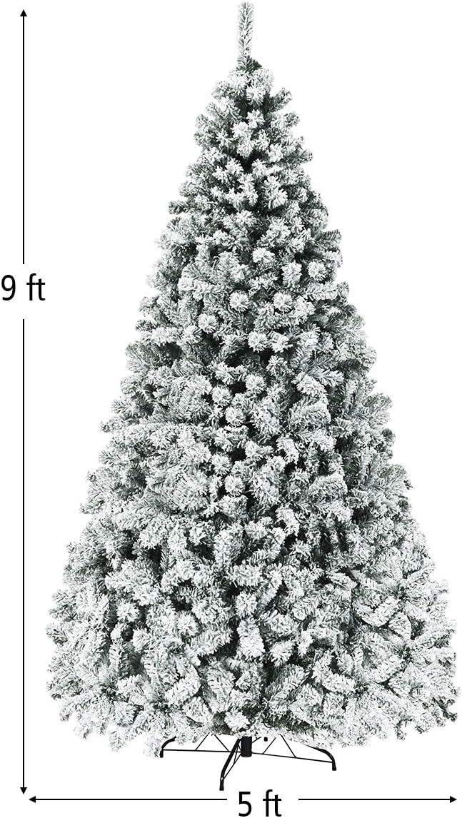 COSTWAY 9 FT Pre-Lit Christmas Tree, Snow Flocked Hinged Xmas Tree with 1498 Branches Tips & 550 LED Lights, Metal Stand, Artificial Pine Lighted Holiday Tree for Home Office Decorations