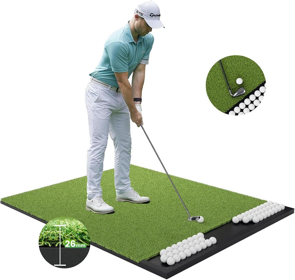 Integrated Golf Hitting Mat with Ball Tray, Thickening Golf Mats Practice Outdoor & Indoor Artificial Turf Matt with 3 Tees