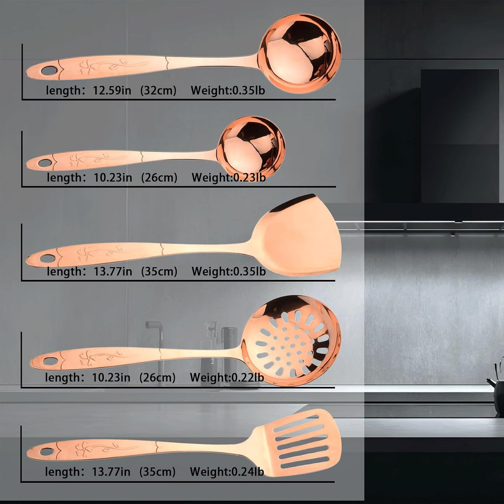 5-Piece Pure Copper Kitchen Cooking Utensils Set, Stylish Copper Kitchen Accessories, Cookware Set for Home or Restaurant Cooking (5)