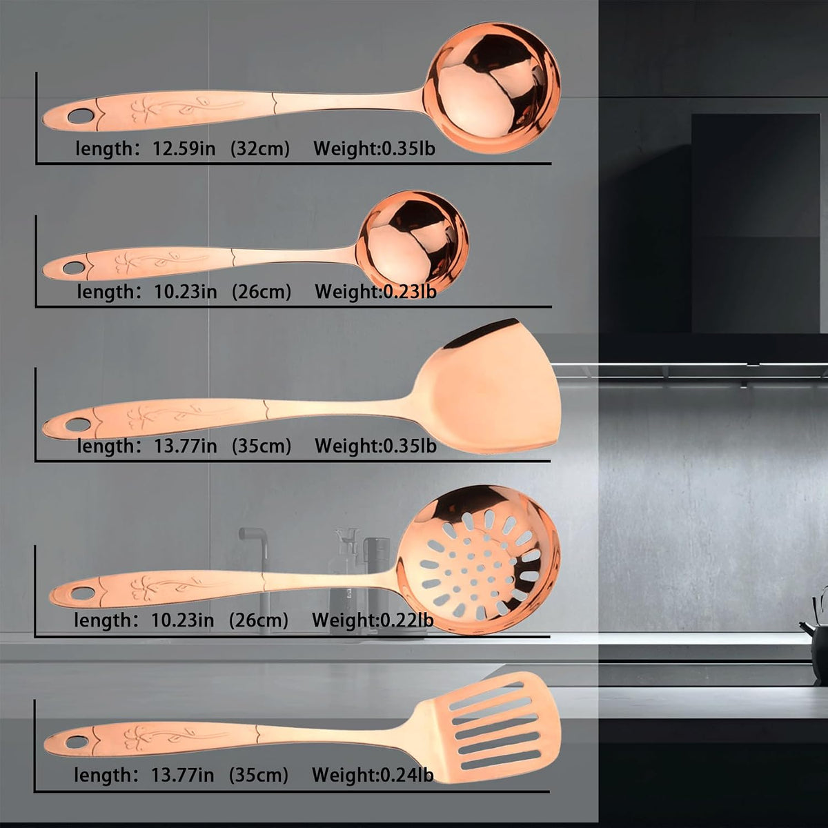 5-Piece Pure Copper Kitchen Cooking Utensils Set, Stylish Copper Kitchen Accessories, Cookware Set for Home or Restaurant Cooking (5)