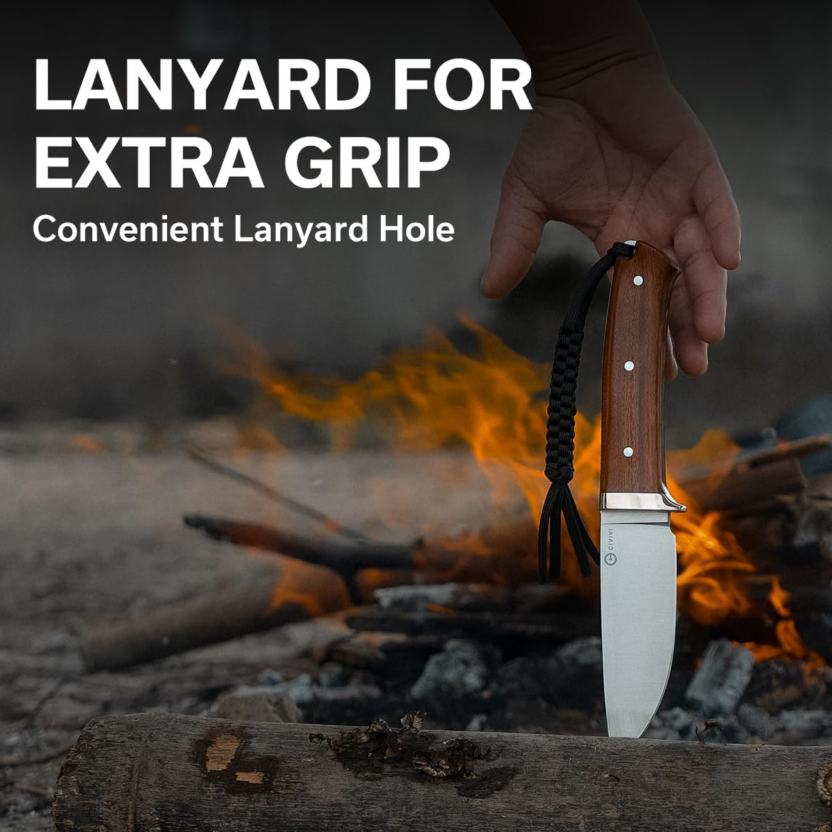 CIVIVI EDC Fixed Blade Knife with Leather Sheath, 4.6' Nitro-V Blade Wood Handle, Full Tang Cloud Peak Knife with Lanyard and Nickel Silver Guard C23044-3 (Wood)