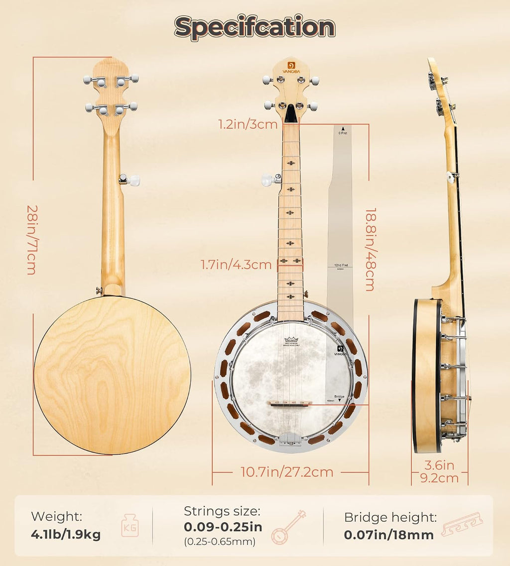 Vangoa Mini 5 String Banjo 28 Inch - Travel Maple Small Beginner Kit With Tone Ring, Fiberskyn Remo Head for Kids Teens Adults