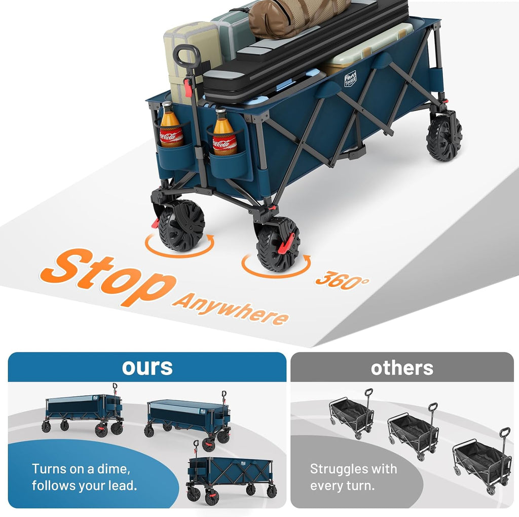 Timber Ridge 51.2' Extended Collapsible Wagon - Heavy-Duty Utility Cart with All-Terrain Wheels, Brakes & Cargo Net, 400L Capacity for Camping, Sports & Shopping, Blue