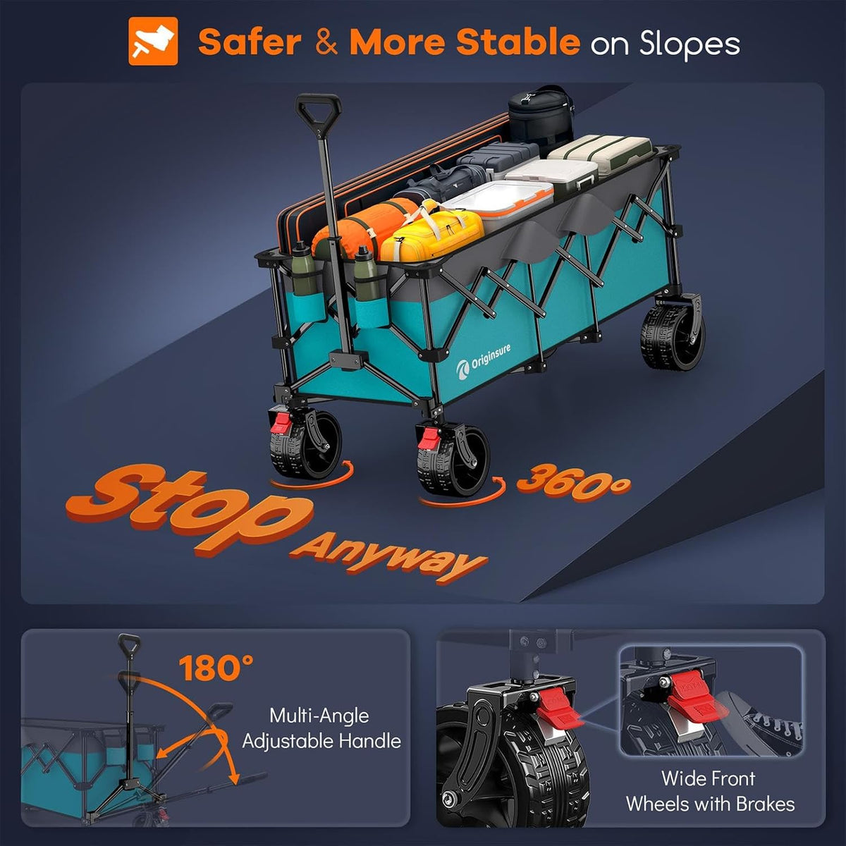 Originsure 48' L Collapsible Beach Wagon Cart Foldable, 560LB Weight Capacity 300L Heavy Duty Folding Wagons with Big All-Terrain Wheels, Utility Carts for Groceries, Camping, Sports - Grey&Turquoise