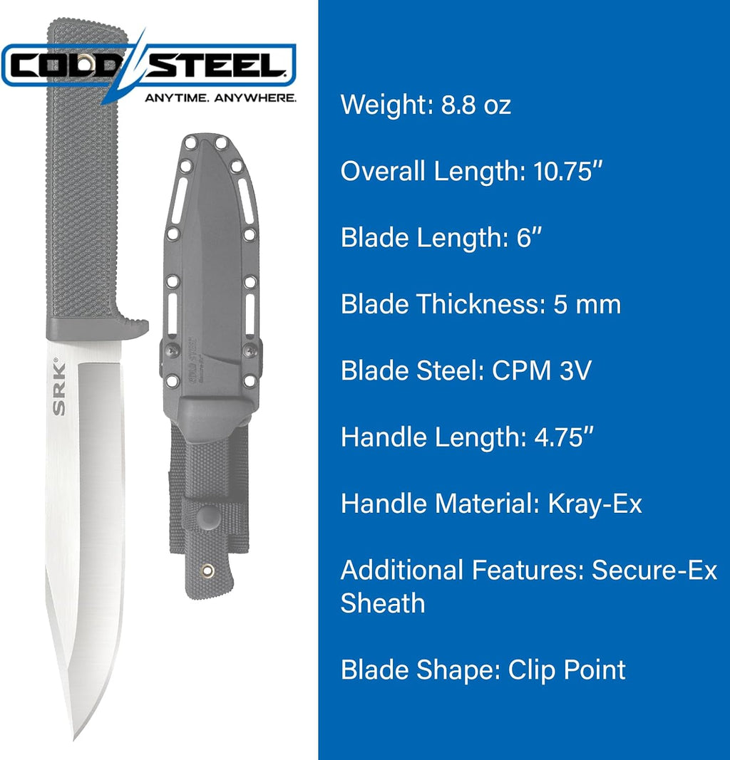 COLD STEEL SRK 6' CPM 3V Clip Point Razor-Sharp Blade 4.75' Kray-Ex Durable Handle Tactical Fixed Blade Knife w/Secure-Ex Sheath