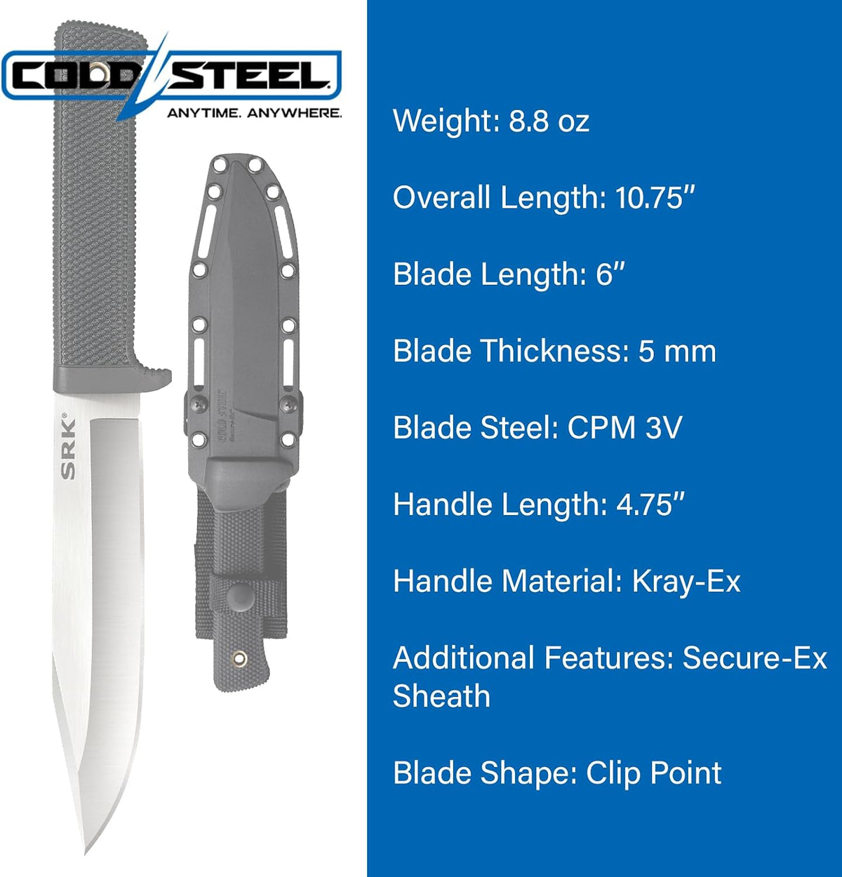 COLD STEEL SRK 6' CPM 3V Clip Point Razor-Sharp Blade 4.75' Kray-Ex Durable Handle Tactical Fixed Blade Knife w/Secure-Ex Sheath