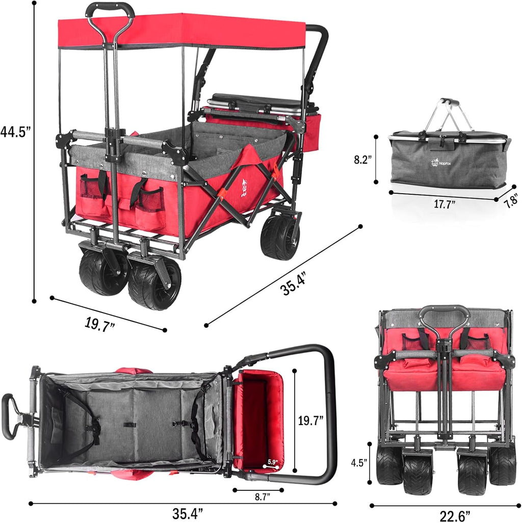 Collapsible Wagon Heavy Duty Folding Wagon Cart with Removable Canopy, 4' Wide Large All Terrain Wheels, Brake, Adjustable Handles,Cooler Bag Utility Carts for Outdoor Garden Wagons Carts Beach Cart