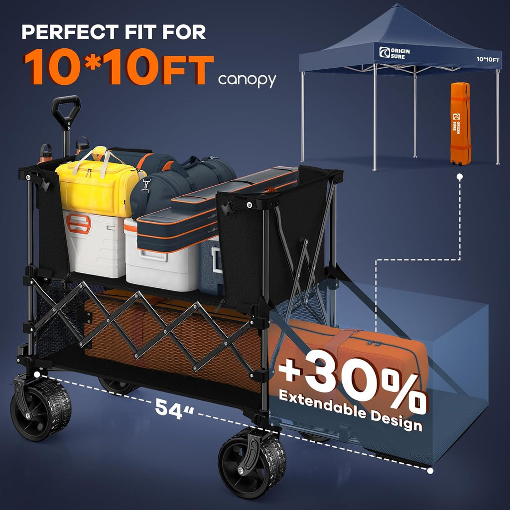 Originsure 400L Double Decker Wagon Collapsible with 54' L Tailgate, 560lbs Heavy Duty Carts Foldable, Extra Large Folding Beach Wagon with Big All-Terrain Wheels for Camping, Sports, Groceries, Black