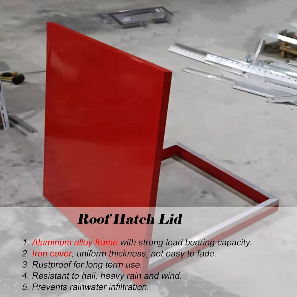 Outdoor Metal Skylight Caps Red Rectangular Basement Outlet Covers with Hasp Latch Gas Shock Mount Heavy Duty Roof Hatch Cover Plate