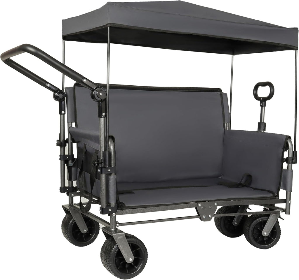 3-in-1 Heavy-Duty Folding Wagon Cart with Adjustable Canopy & Bench Seat – 500lbs Capacity, All-Terrain Utility Cart for Camping, Beach, Sports, Garden Storage (Gray)