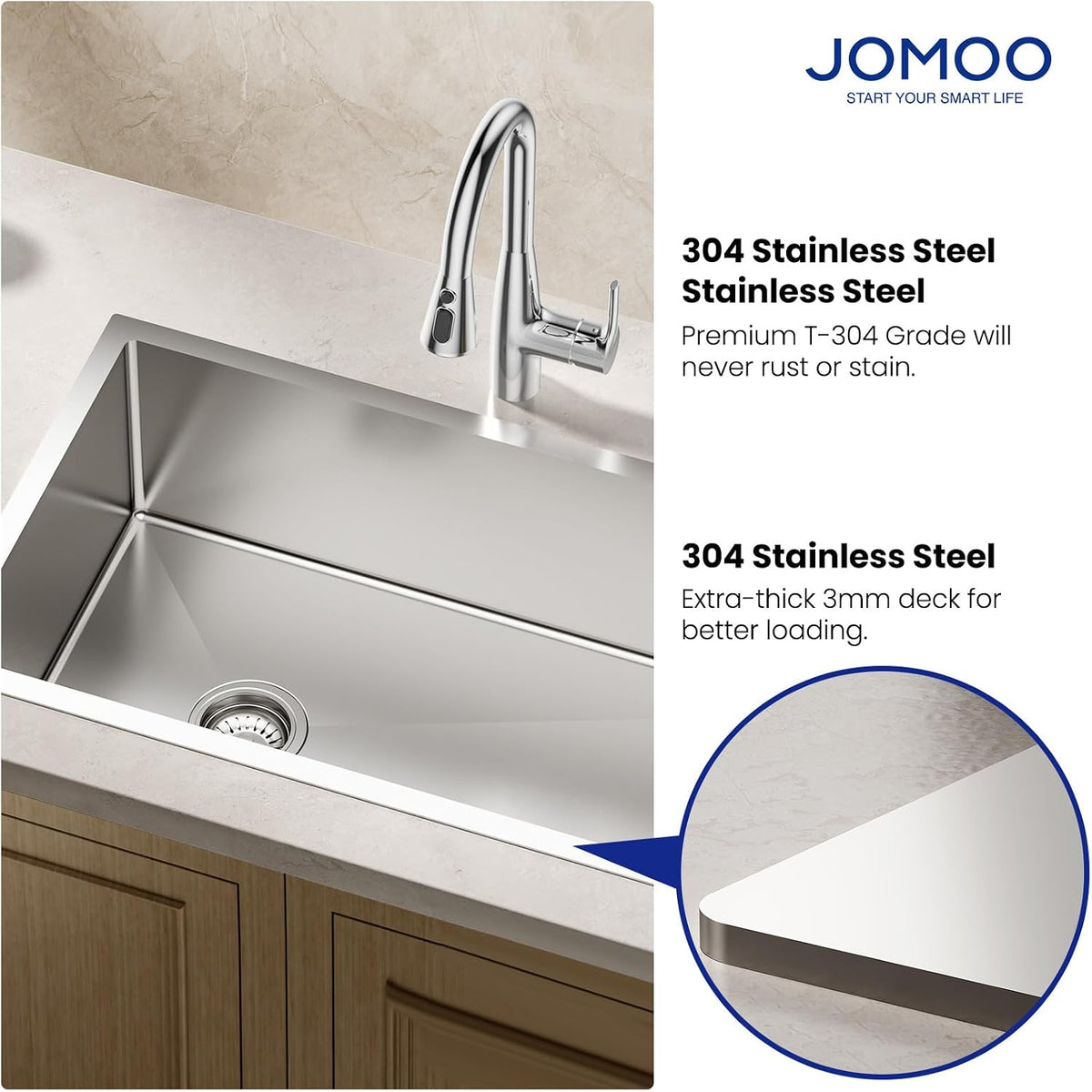 JOMOO 30'x18' Undermount Kitchen Sink, 304 Stainless Steel Handmade Single Bowl Deep Basin Sink with Accessories, Round Corners, Ideal for Kitchen, Bar, Laundry, RV