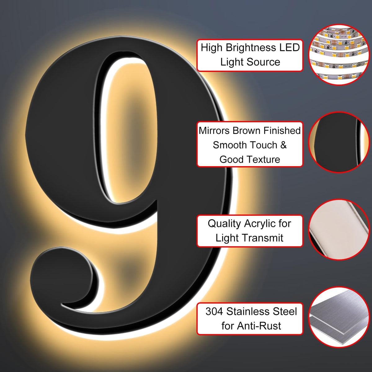 Backlit Illuminated LED Home Address Numbers 18 Inch, Modern Lighted Up Address Signs Make A Statement, Large Stainlesss Steels House Numbers With LED Lights,A