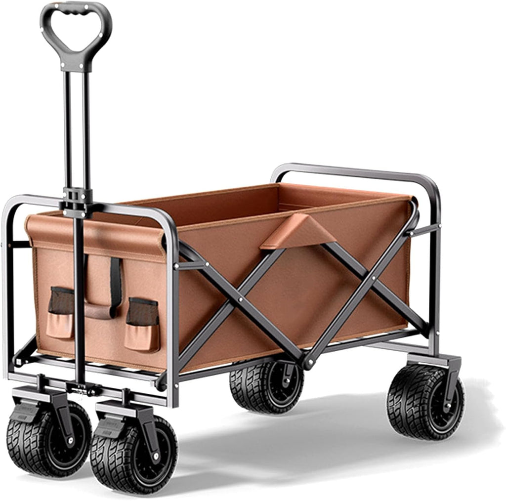 Coffee Color Garden Carts,Collapsible Wagon,Sports Outdoor Utility Wagon Folding Garden Wagon Sports Steel Frame Foldable Yard Car Side Pockets Camping Cart Off-Road Wheels with Brakes