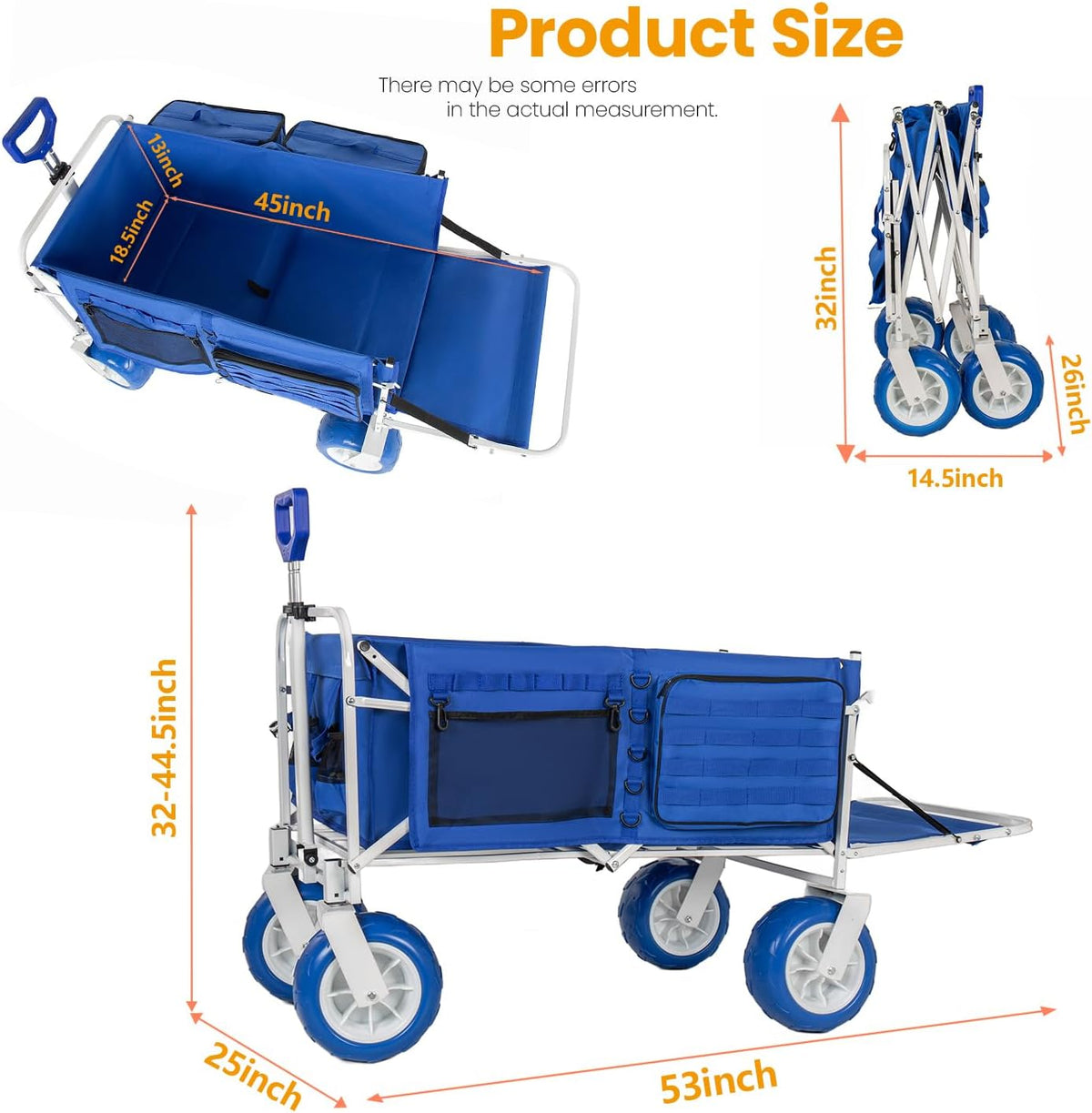 ZeHuoGe 500LBS Folding Wagon with Extendable Tailgate, Multi-Functional Wagon with 9' All-Terrain 360° Rotation Wheels, 2 Detachable Insulated Bags for Beach, Camping, Garden & Outdoor Sports