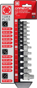 CARBYNE 12-Piece Torx Plus Stubby Low Profile Bit Socket Set, TP10/IP10 to TP60/IP60, S2 Steel, Dual Drive Internal Square and External Hex for Tight Spaces, Genuine Licensed Torx Plus