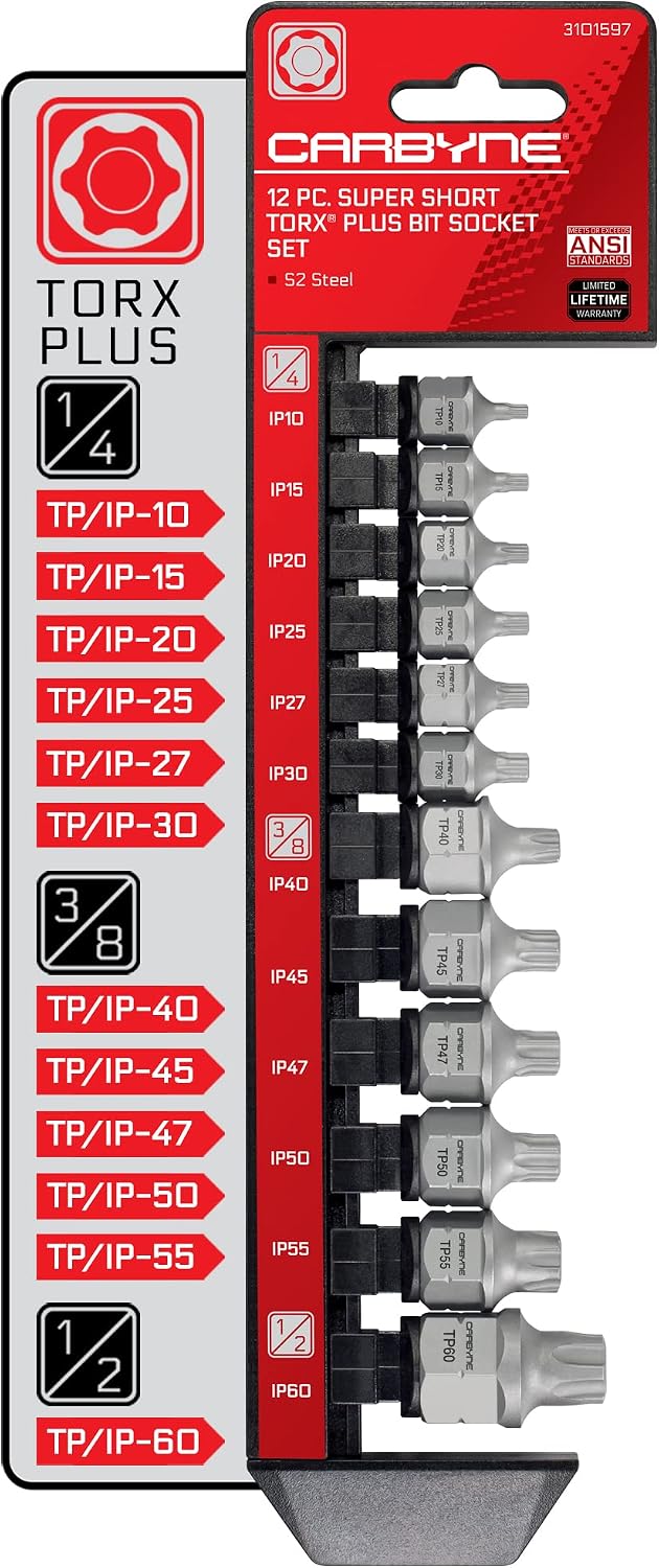 CARBYNE 12-Piece Torx Plus Stubby Low Profile Bit Socket Set, TP10/IP10 to TP60/IP60, S2 Steel, Dual Drive Internal Square and External Hex for Tight Spaces, Genuine Licensed Torx Plus