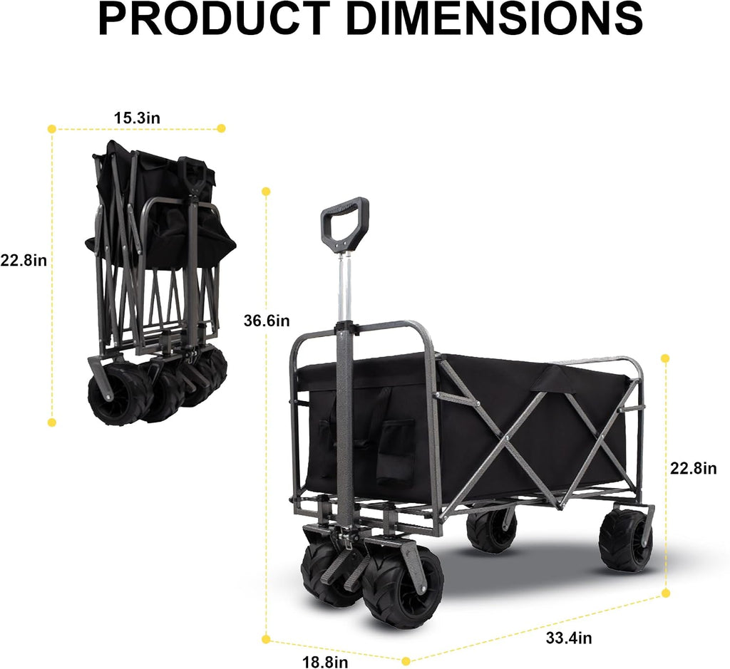 Collapsible Folding Wagon Cart, Portable Folding Beach Wagons with Wheels, Lightweight Utility Camping Wagon for Groceries, Shopping Sports Garden (Black)