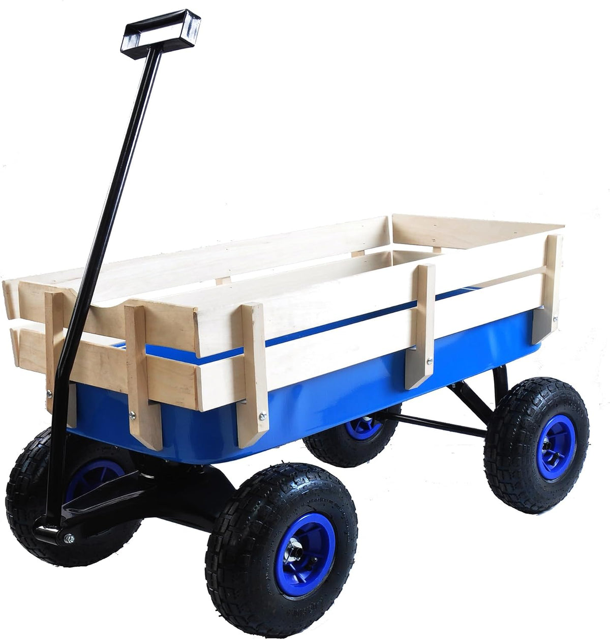Outdoor Heavy Duty Wagon Cart for All Terrain Pulling, Steel Wagon Frame Removable Wooden Panels Adjustable Handle Air Tires Sport Wagon for Kids Camping Garden, Max. Load 176 lbs, Blue